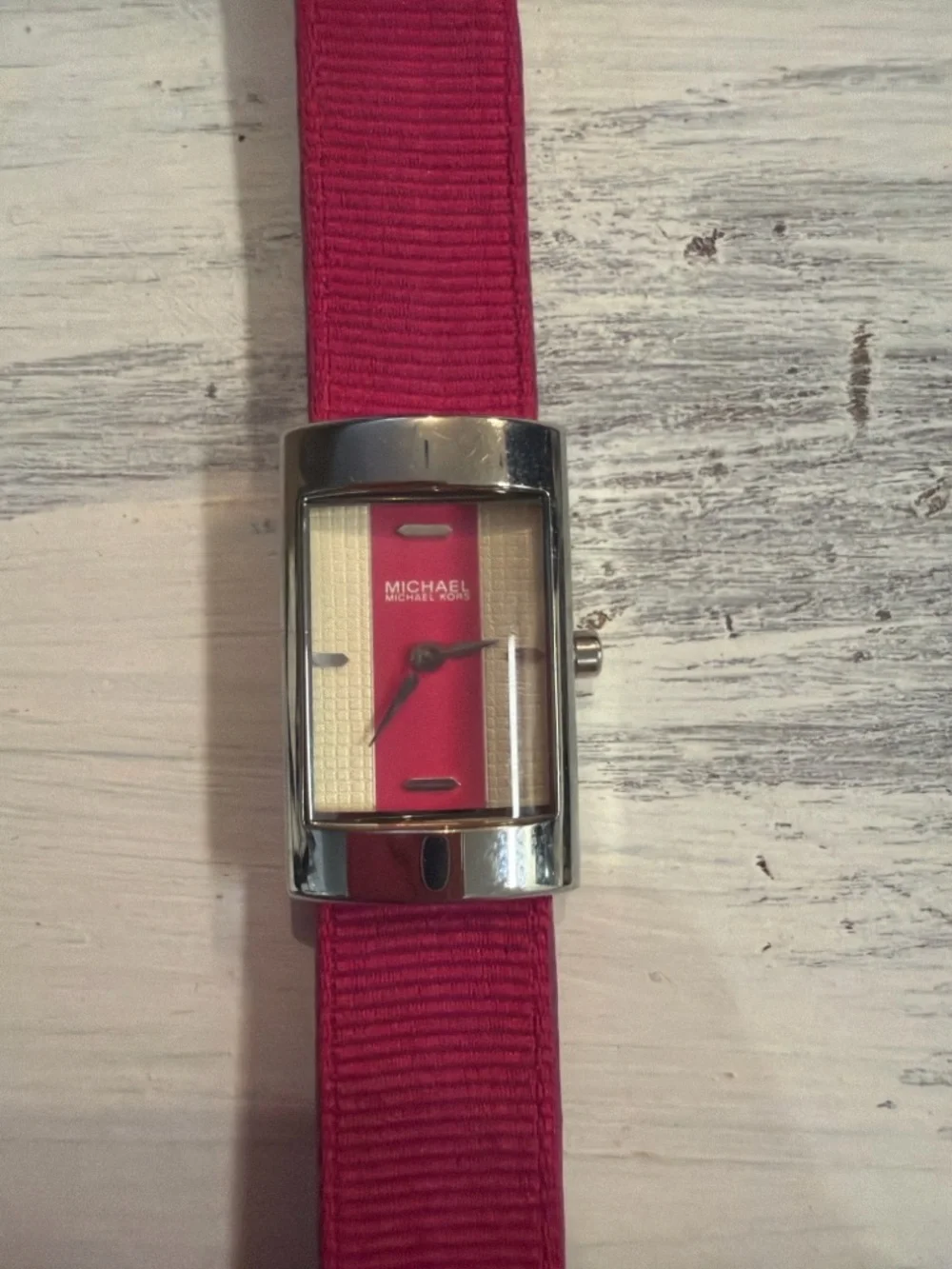 Michael Kors Rectangular Watch Pink Dial Silver Tone Case Pink Strap Watch - Picture 2 of 4